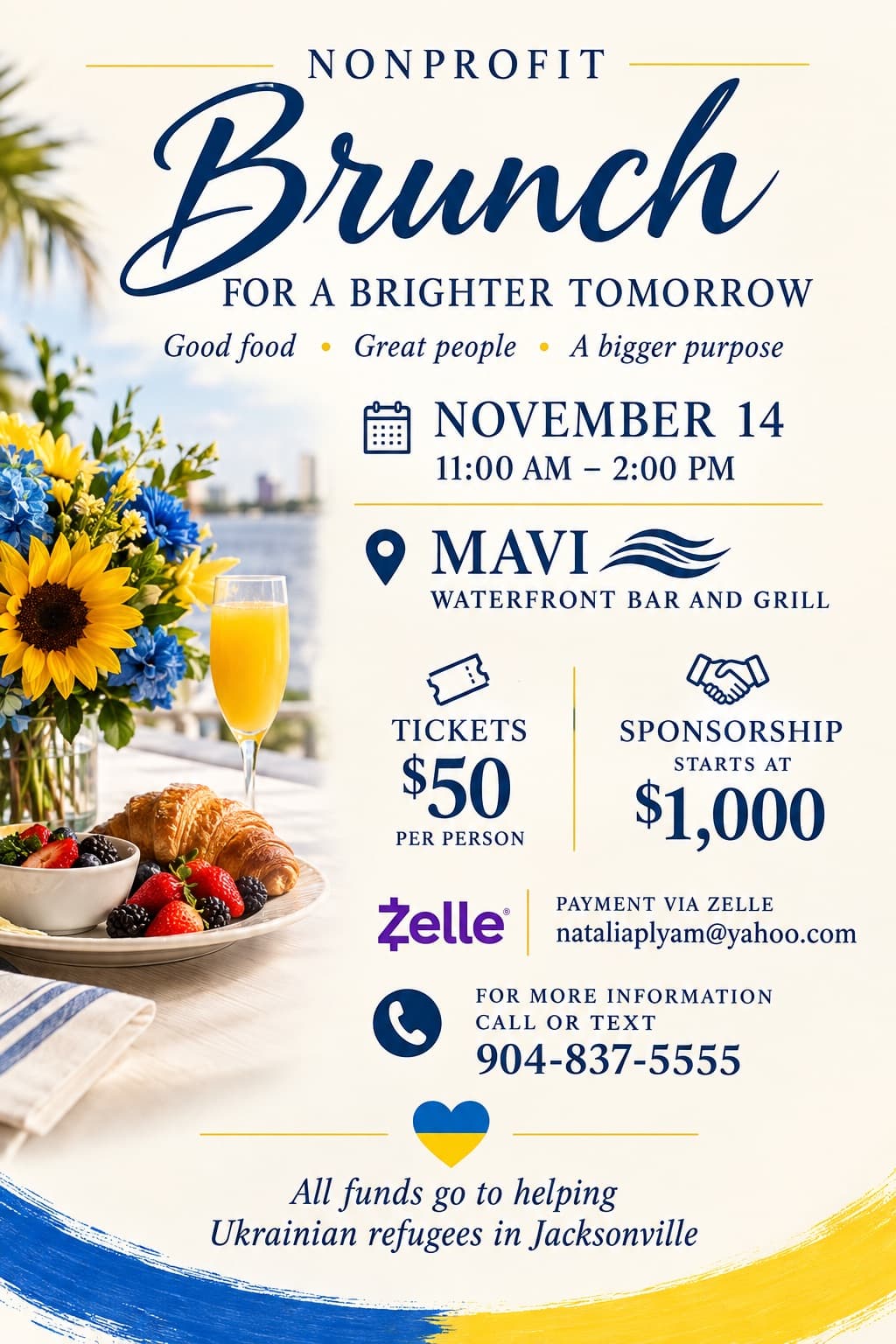 Nonprofit Brunch for a Brighter Tomorrow - November 14, 2026, 11 AM to 2 PM - Mavi Waterfront Bar and Grill - Tickets $50 per person, sponsorship from $1,000
